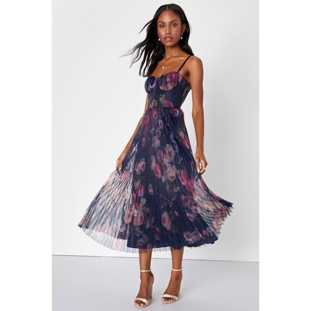 Lulus Alluring Invite Midnight Blue Floral Pleated Bustier Midi Dress - Size S